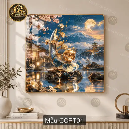 Tranh tráng gương cá chép phong thủy vuông decor phòng khách cảnh núi trăng