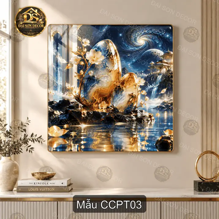 Tranh tráng gương cá chép phong thủy vuông decor phòng khách cảnh núi trăng