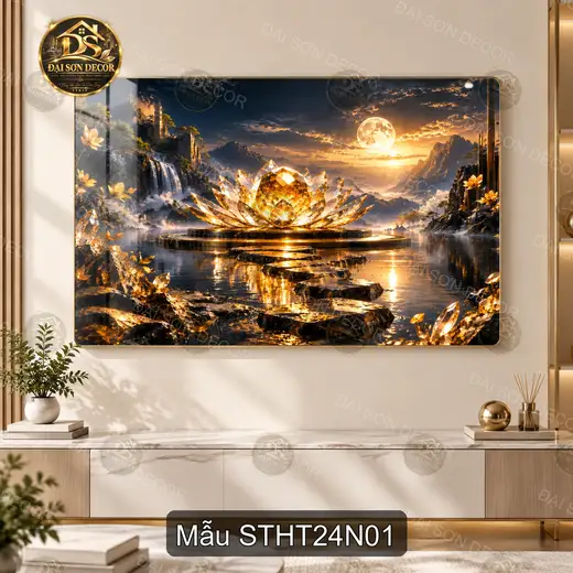 Tranh sơn thủy hữu tình 024 tráng gương hồ sen ánh vàng phong cách nghệ thuật treo tường