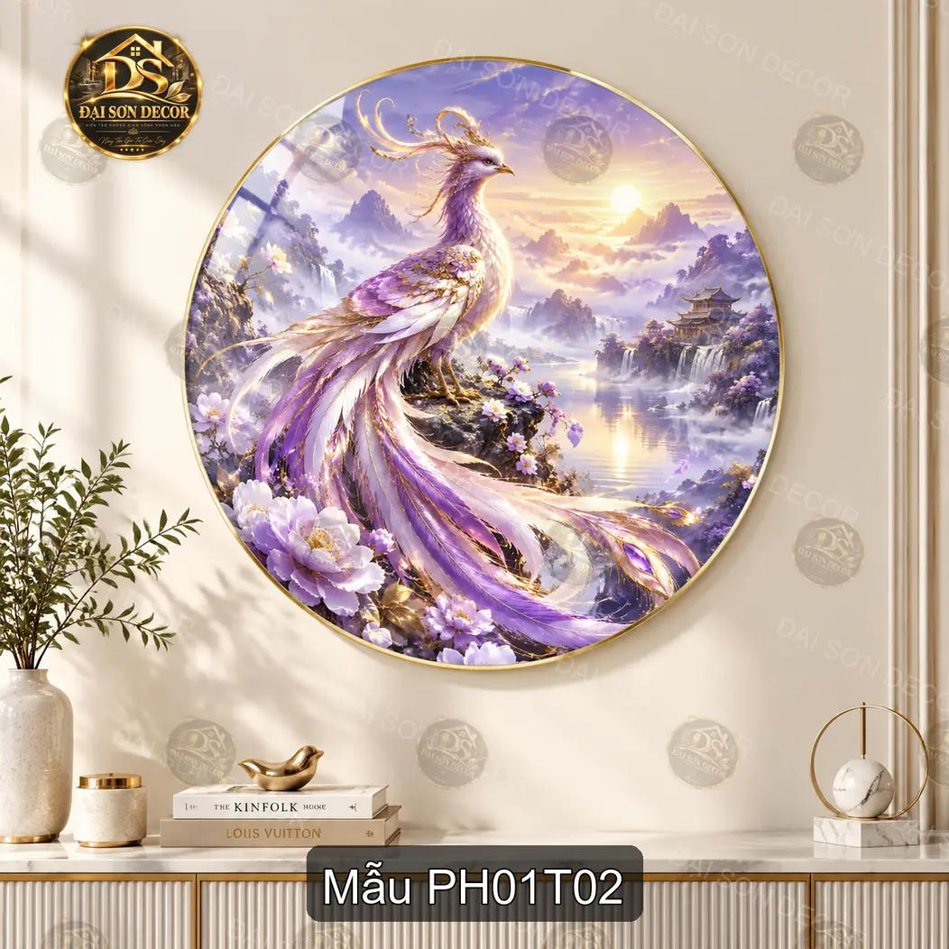 Tranh tráng gương tròn Phượng hoàng 001 phong cách hiện đại treo tường phòng khách