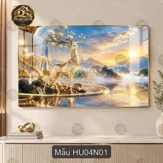 Tranh tráng gương Hươu 004 phong cảnh sơn thủy bình minh decor phòng khách sang trọng
