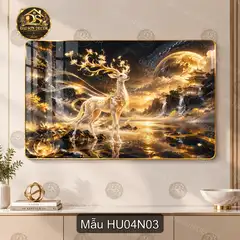 Tranh tráng gương Hươu 004 phong cảnh sơn thủy bình minh decor phòng khách sang trọng