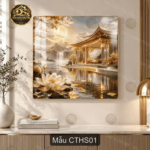 Tranh tráng gương Cảnh tiên hồ sen phong cảnh sơn thủy treo tường phòng khách sang trọng
