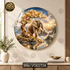 Tranh tròn voi 002 dát vàng trang trí phòng khách quà tặng sang trọng