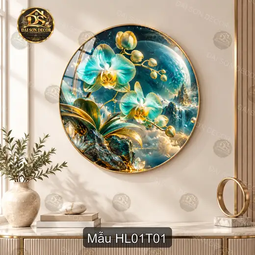Tranh tráng gương tròn Hoa lan 001 sang trọng decor phòng khách
