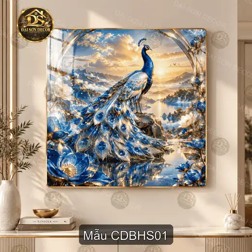 Tranh tráng gương vuông công đào bên hồ sen decor phòng khách sang trọng