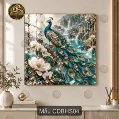 Tranh tráng gương vuông công đào bên hồ sen decor phòng khách sang trọng