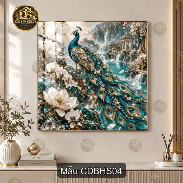 Tranh tráng gương vuông công đào bên hồ sen decor phòng khách sang trọng