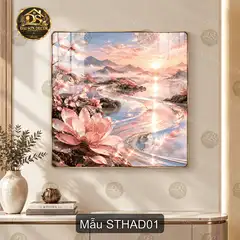 Tranh tráng gương sơn thủy hoa anh đào vuông decor phòng khách sang trọng