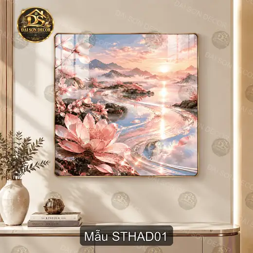 Tranh tráng gương sơn thủy hoa anh đào vuông decor phòng khách sang trọng