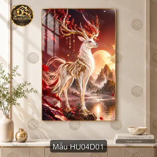 Tranh tráng gương Hươu 004 treo dọc phong cảnh nghệ thuật trang trí phòng khách làm quà tặng