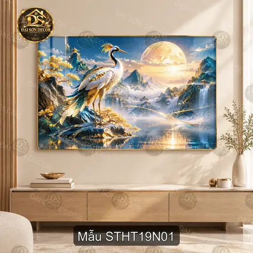 Tranh tráng gương Sơn thủy hữu tình 019 hạc giữa non nước decor phòng khách