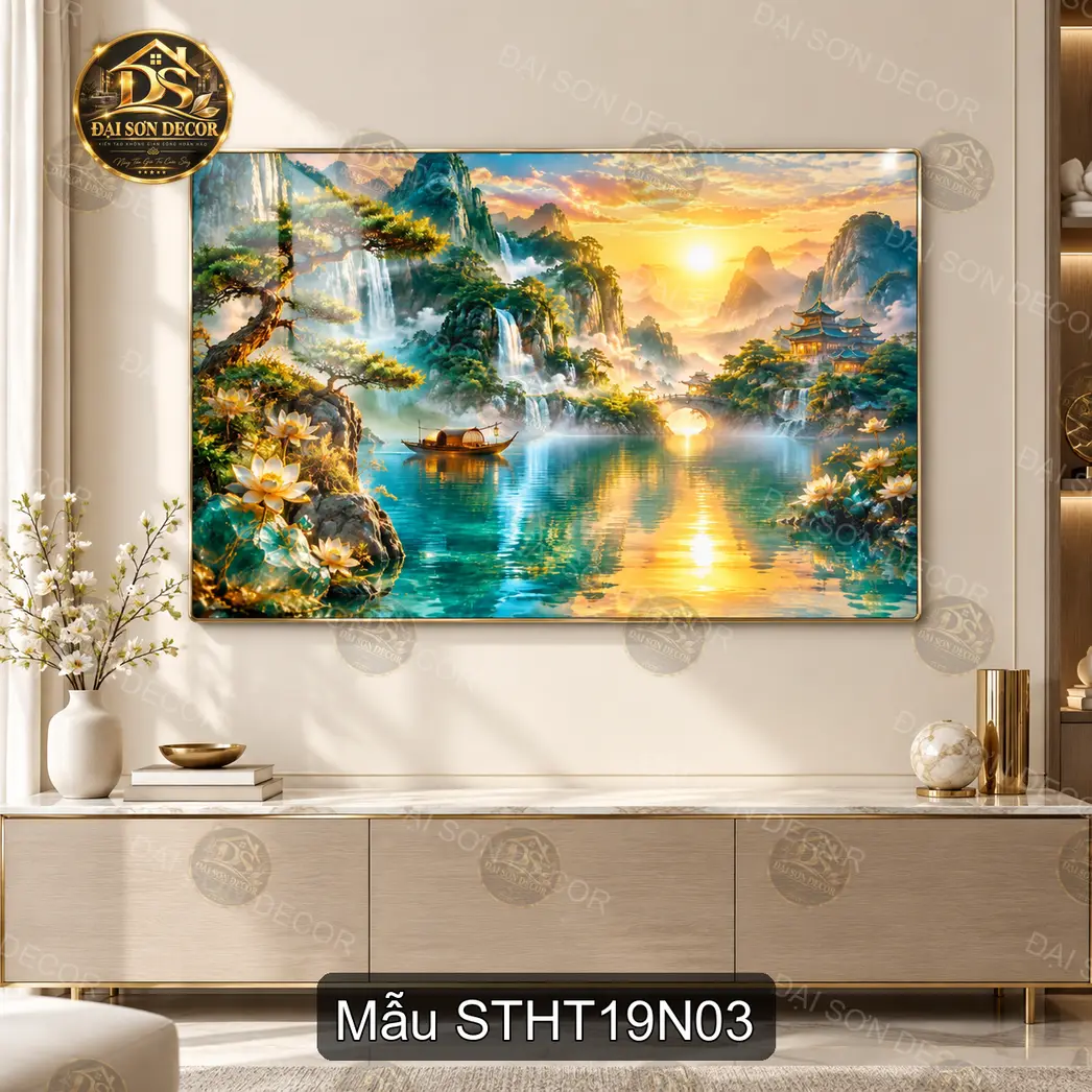 Tranh tráng gương Sơn thủy hữu tình 019 hạc giữa non nước decor phòng khách