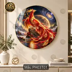 Tranh tráng gương tròn Phượng hoàng 003 decor phòng khách phong cách huyền ảo sang trọng