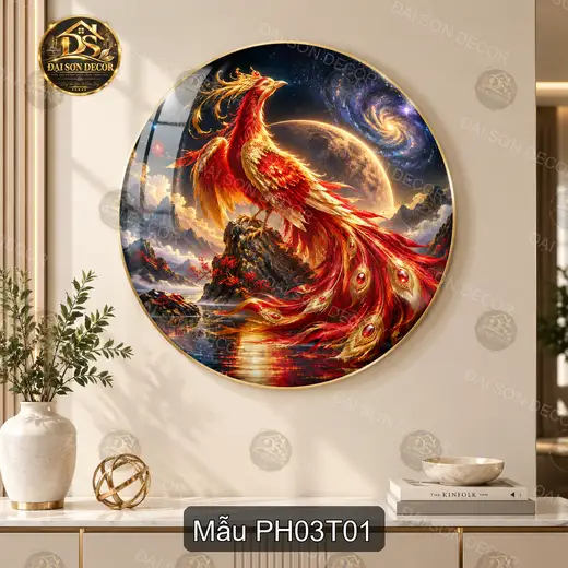 Tranh tráng gương tròn Phượng hoàng 003 decor phòng khách phong cách huyền ảo sang trọng