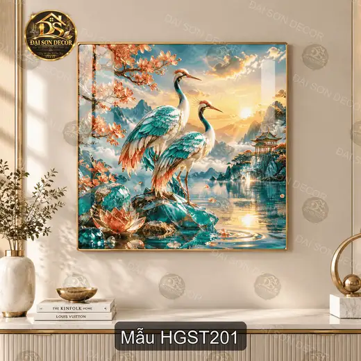 Tranh tráng gương Hạc giữa sơn thủy 2, đôi hạc hoa sen, decor phòng khách thanh lịch