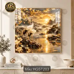 Tranh tráng gương Hạc giữa sơn thủy 2, đôi hạc hoa sen, decor phòng khách thanh lịch