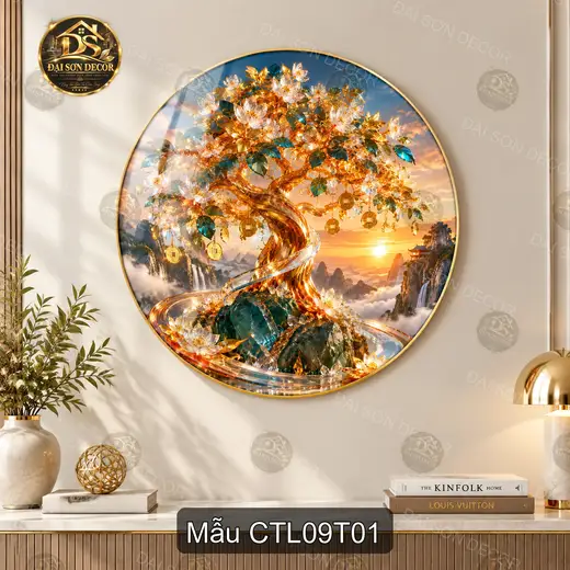 Tranh tròn Cây tài lộc 009 phong thủy cảnh núi hoa sen decor nội thất