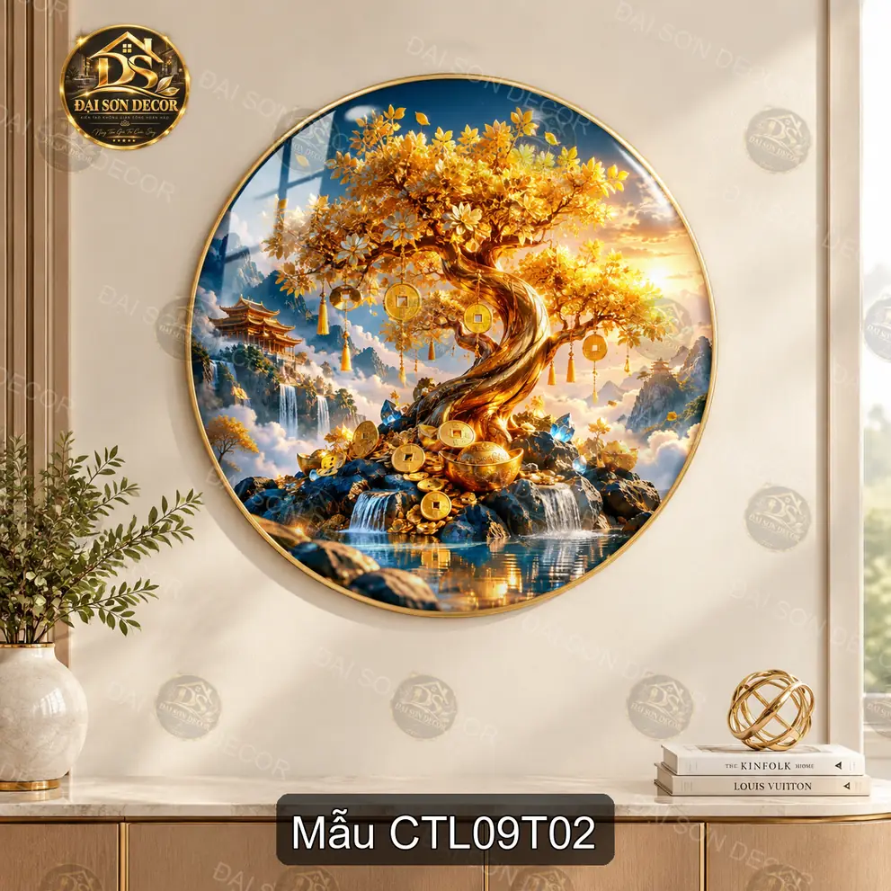 Tranh tròn Cây tài lộc 009 phong thủy cảnh núi hoa sen decor nội thất