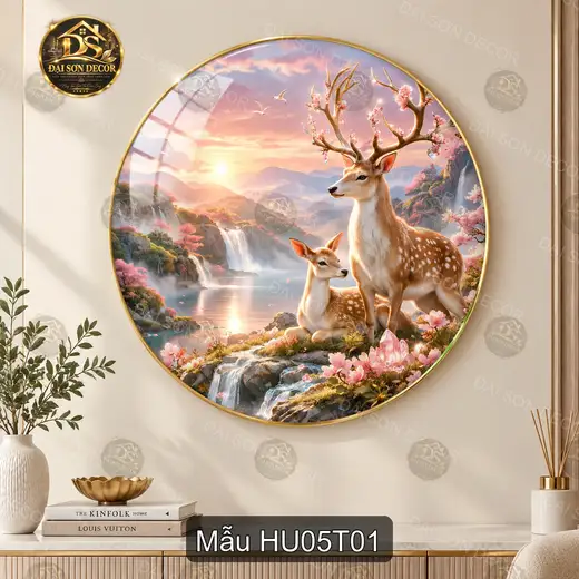 Tranh tròn tráng gương Hươu 005 nai mẹ con bên thác nước trang trí phòng khách sang trọng