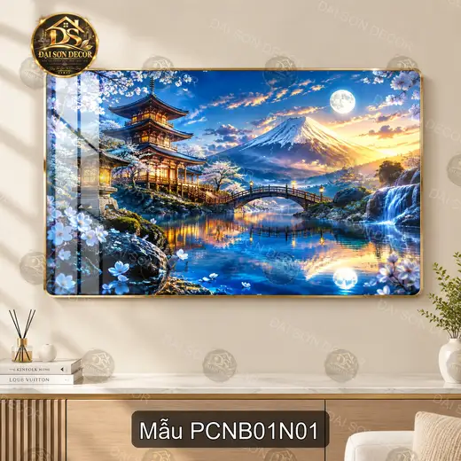 Tranh tráng gương Phong cảnh Nhật Bản núi Phú Sĩ chùa cổ thác nước decor phòng khách