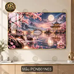 Tranh tráng gương Phong cảnh Nhật Bản núi Phú Sĩ chùa cổ thác nước decor phòng khách