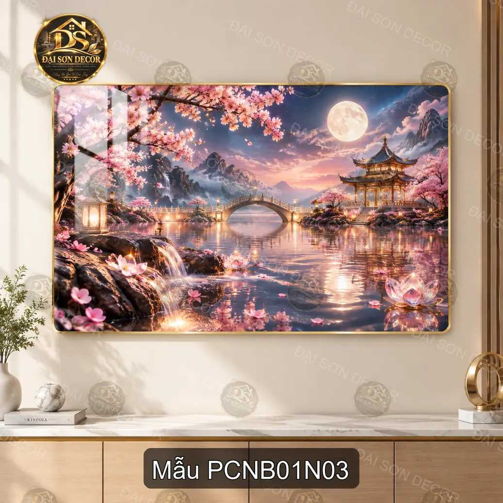 Tranh tráng gương Phong cảnh Nhật Bản núi Phú Sĩ chùa cổ thác nước decor phòng khách