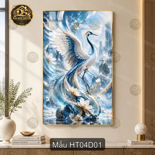 Tranh tráng gương Hạc tiên 004 phong cách thư pháp decor phòng khách sang trọng