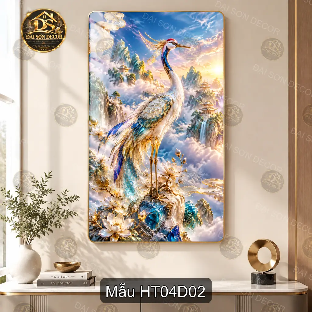 Tranh tráng gương Hạc tiên 004 phong cách thư pháp decor phòng khách sang trọng