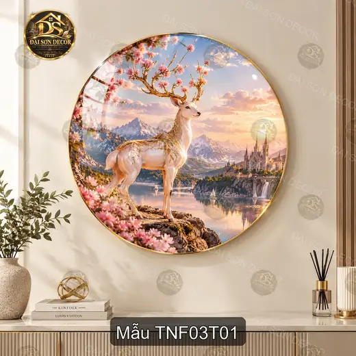 Tranh tròn tráng gương Thiên nhiên fantasy 003 hươu trắng núi non trang trí phòng khách