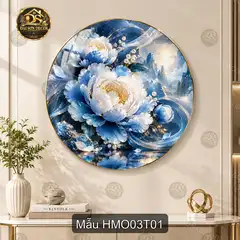 Tranh tròn tráng gương Hoa mẫu đơn 003 xanh trắng decor phòng khách sang trọng