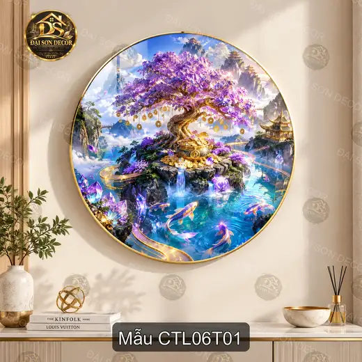 Tranh tròn tráng gương Cây tài lộc 006 hiện đại sáng đẹp decor treo tường phòng khách