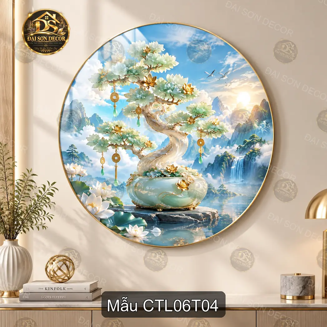 Tranh tròn tráng gương Cây tài lộc 006 hiện đại sáng đẹp decor treo tường phòng khách