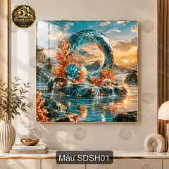 Tranh tráng gương vuông Suối đá san hô phong cảnh nghệ thuật decor phòng khách SDSH01
