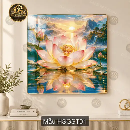 Tranh tráng gương hoa sen giữa sơn thủy vuông decor phòng khách quà tặng ý nghĩa