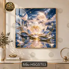 Tranh tráng gương hoa sen giữa sơn thủy vuông decor phòng khách quà tặng ý nghĩa