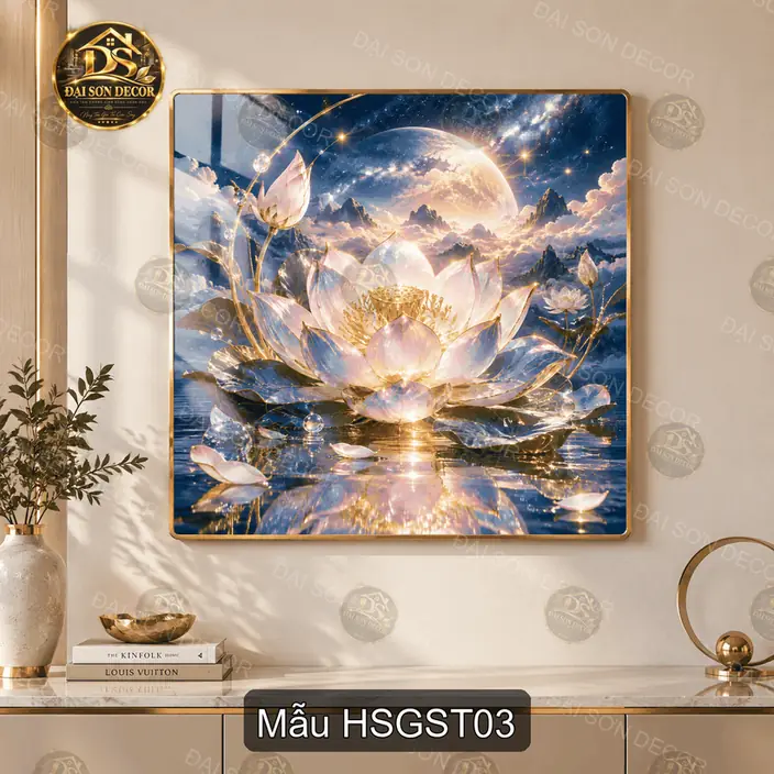 Tranh tráng gương hoa sen giữa sơn thủy vuông decor phòng khách quà tặng ý nghĩa