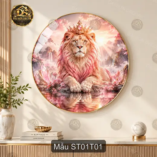 Tranh tròn sư tử 001 tráng gương sang trọng decor phòng khách dễ phối nội thất