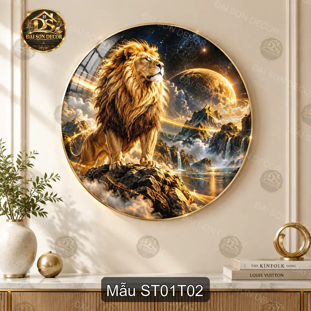 Tranh tròn sư tử 001 tráng gương sang trọng decor phòng khách dễ phối nội thất