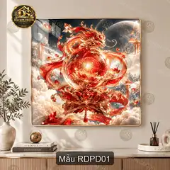 Tranh tráng gương Rồng đỏ phương đông thư pháp trang trí phòng khách phong cách sang trọng