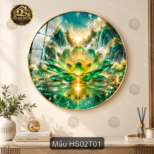 Tranh tráng gương tròn Hoa sen 002 decor phòng khách phong cách sang trọng