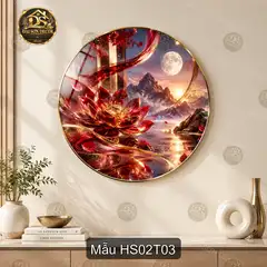 Tranh tráng gương tròn Hoa sen 002 decor phòng khách phong cách sang trọng
