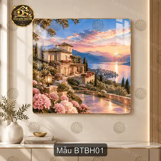 Tranh tráng gương Biệt thự bên hồ phong cảnh biệt thự ven hồ decor phòng khách sang trọng