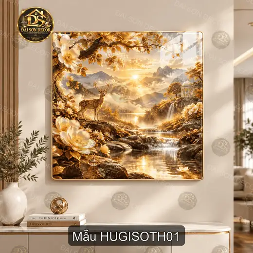 Tranh tráng gương vuông Hươu giữa sơn thủy, tranh decor phòng khách phong cảnh hươu núi sông