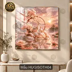 Tranh tráng gương vuông Hươu giữa sơn thủy, tranh decor phòng khách phong cảnh hươu núi sông