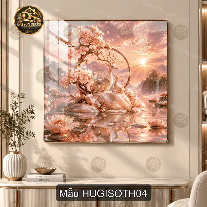 Tranh tráng gương vuông Hươu giữa sơn thủy, tranh decor phòng khách phong cảnh hươu núi sông