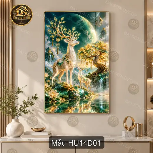 Tranh tráng gương Hươu 014 dọc cảnh hươu bên hồ và cây vàng trang trí phòng khách