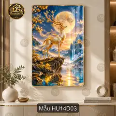 Tranh tráng gương Hươu 014 dọc cảnh hươu bên hồ và cây vàng trang trí phòng khách