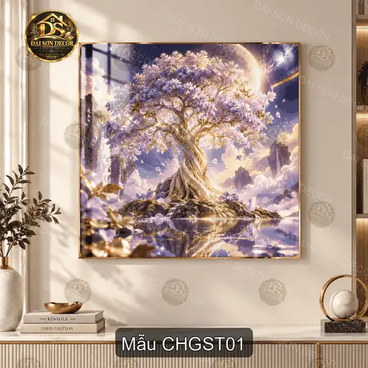 Tranh tráng gương vuông Cây hoa giữa sơn thủy decor phòng khách phong cách nghệ thuật
