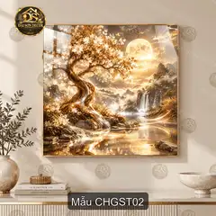 Tranh tráng gương vuông Cây hoa giữa sơn thủy decor phòng khách phong cách nghệ thuật